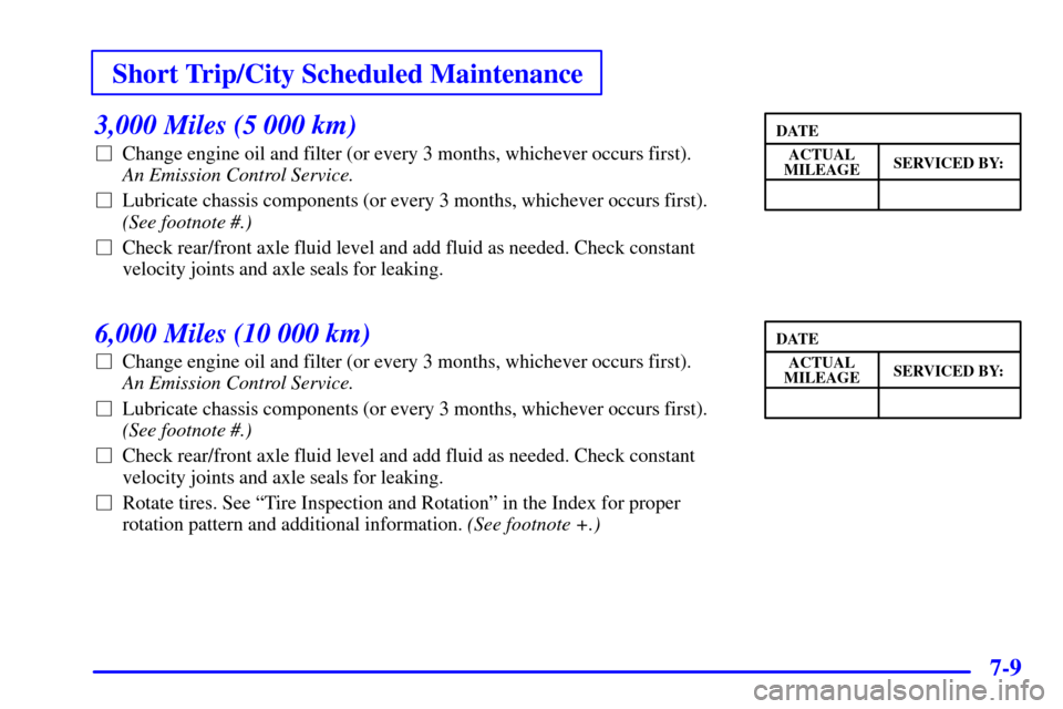 CHEVROLET ASTRO CARGO VAN 2002 2.G Owners Manual Short Trip/City Scheduled Maintenance
7-9
3,000 Miles (5 000 km)
Change engine oil and filter (or every 3 months, whichever occurs first). 
An Emission Control Service. 
Lubricate chassis components