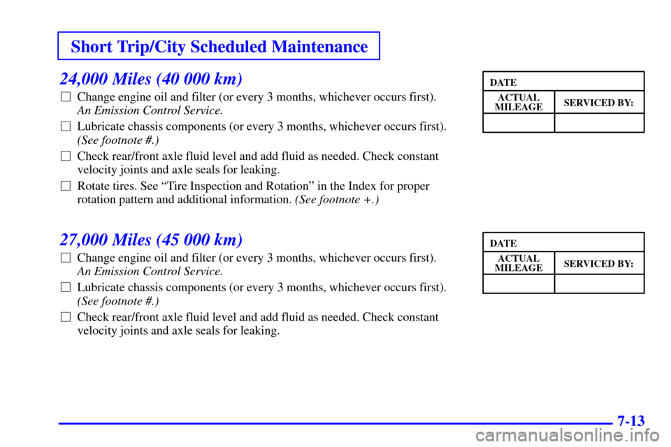 CHEVROLET ASTRO CARGO VAN 2002 2.G Owners Manual Short Trip/City Scheduled Maintenance
7-13
24,000 Miles (40 000 km)
Change engine oil and filter (or every 3 months, whichever occurs first). 
An Emission Control Service. 
Lubricate chassis compone