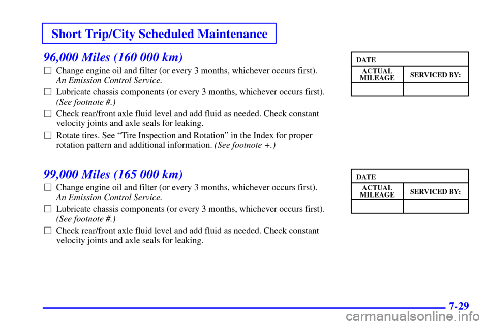CHEVROLET ASTRO CARGO VAN 2002 2.G Owners Manual Short Trip/City Scheduled Maintenance
7-29
96,000 Miles (160 000 km)
Change engine oil and filter (or every 3 months, whichever occurs first). 
An Emission Control Service. 
Lubricate chassis compon