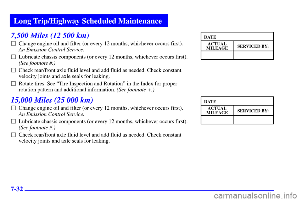 CHEVROLET ASTRO CARGO VAN 2002 2.G Owners Manual Long Trip/Highway Scheduled Maintenance
7-32
7,500 Miles (12 500 km)
Change engine oil and filter (or every 12 months, whichever occurs first). 
An Emission Control Service. 
Lubricate chassis compo
