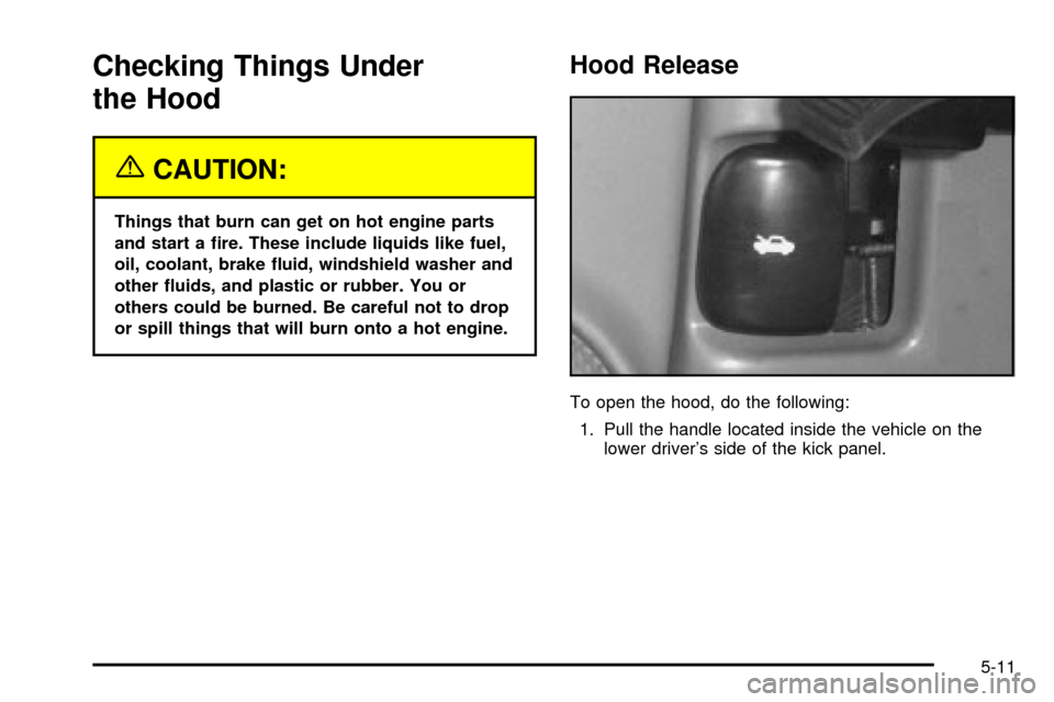 CHEVROLET ASTRO CARGO VAN 2003 2.G Owners Manual Checking Things Under
the Hood
{CAUTION:
Things that burn can get on hot engine parts
and start a ®re. These include liquids like fuel,
oil, coolant, brake ¯uid, windshield washer and
other ¯uids, 