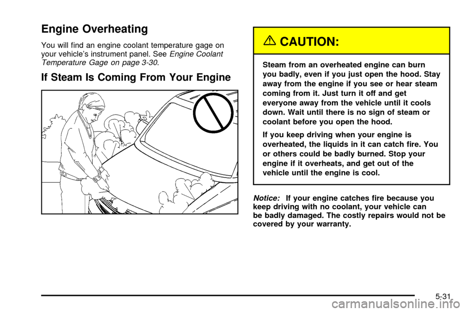 CHEVROLET ASTRO CARGO VAN 2003 2.G Owners Manual Engine Overheating
You will ®nd an engine coolant temperature gage on
your vehicles instrument panel. SeeEngine Coolant
Temperature Gage on page 3-30.
If Steam Is Coming From Your Engine
{CAUTION:
S