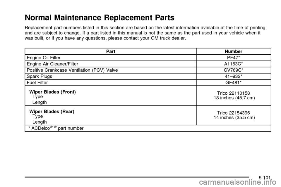 CHEVROLET ASTRO CARGO VAN 2003 2.G Owners Manual Normal Maintenance Replacement Parts
Replacement part numbers listed in this section are based on the latest information available at the time of printing,
and are subject to change. If a part listed 