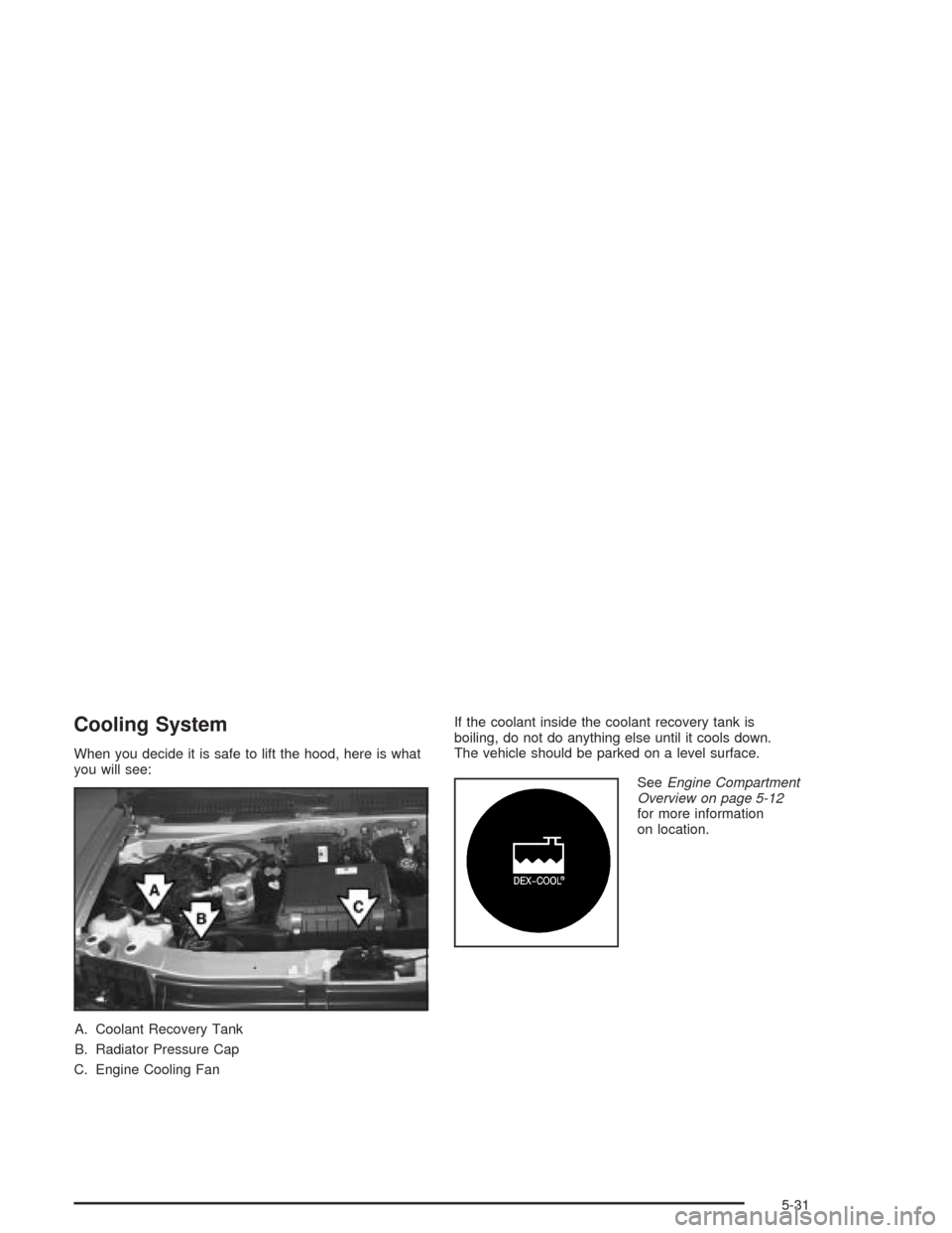 CHEVROLET ASTRO CARGO VAN 2004 2.G Owners Manual Cooling System
When you decide it is safe to lift the hood, here is what
you will see:
A. Coolant Recovery Tank
B. Radiator Pressure Cap
C. Engine Cooling FanIf the coolant inside the coolant recovery