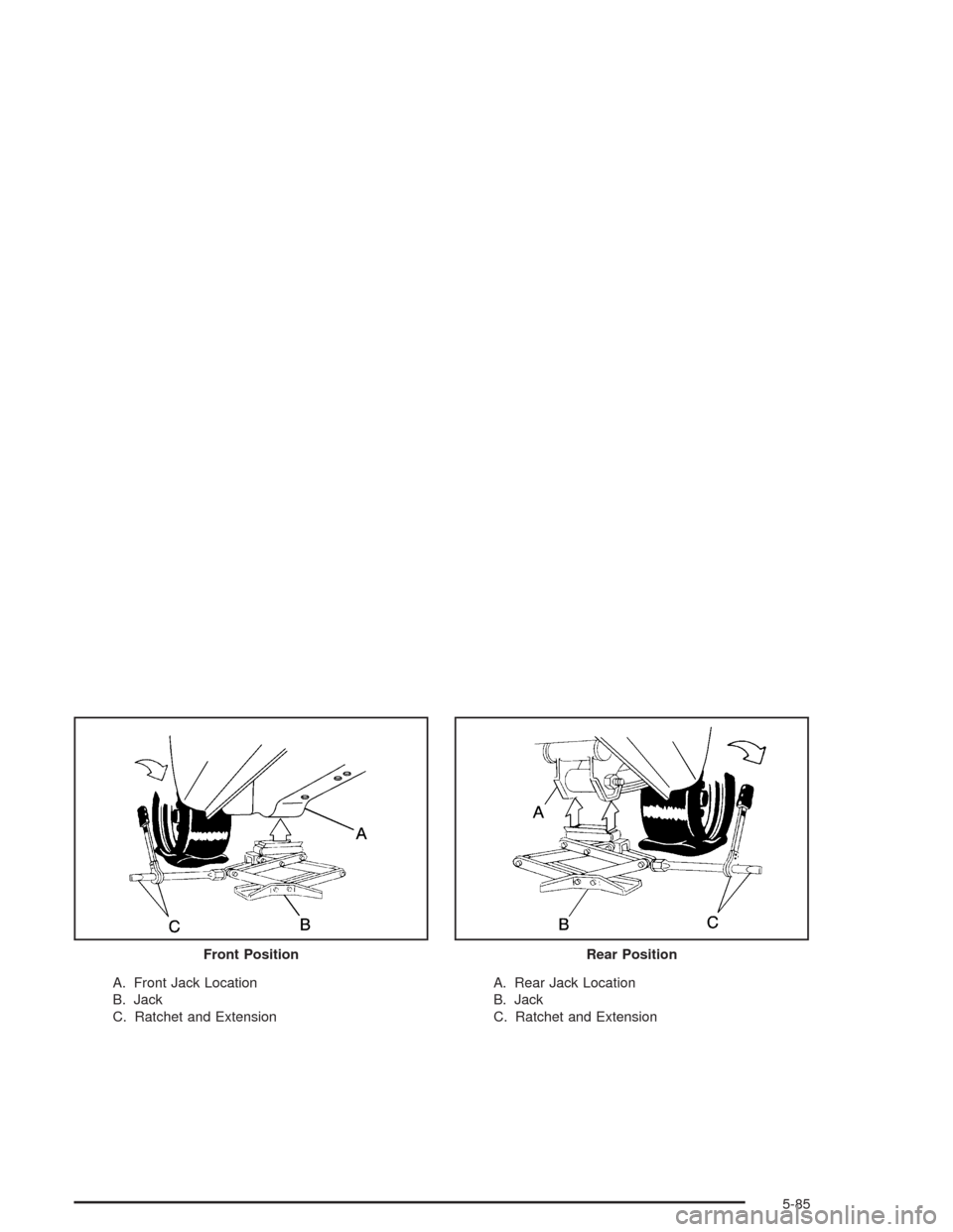 CHEVROLET ASTRO CARGO VAN 2004 2.G Owners Manual A. Front Jack Location
B. Jack
C. Ratchet and ExtensionA. Rear Jack Location
B. Jack
C. Ratchet and Extension Front Position
Rear Position
5-85 