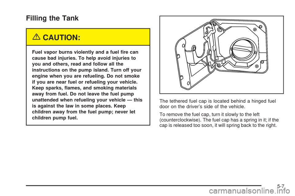 CHEVROLET ASTRO CARGO VAN 2005 2.G Owners Manual Filling the Tank
{CAUTION:
Fuel vapor burns violently and a fuel �re can
cause bad injuries. To help avoid injuries to
you and others, read and follow all the
instructions on the pump island. Turn off