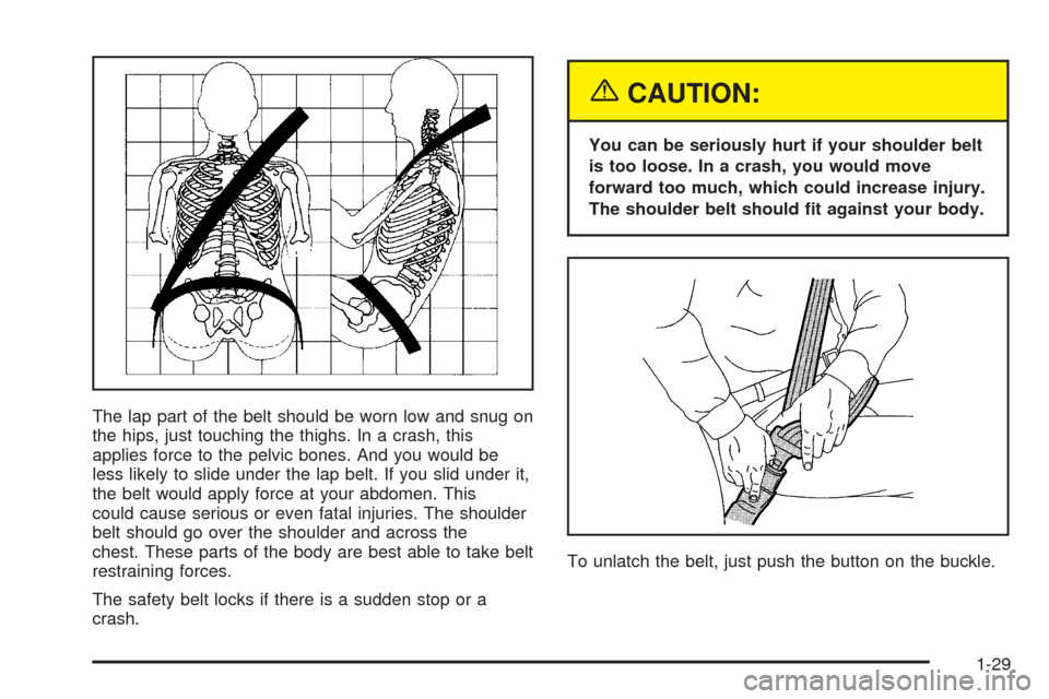 CHEVROLET ASTRO CARGO VAN 2005 2.G Owners Guide The lap part of the belt should be worn low and snug on
the hips, just touching the thighs. In a crash, this
applies force to the pelvic bones. And you would be
less likely to slide under the lap belt