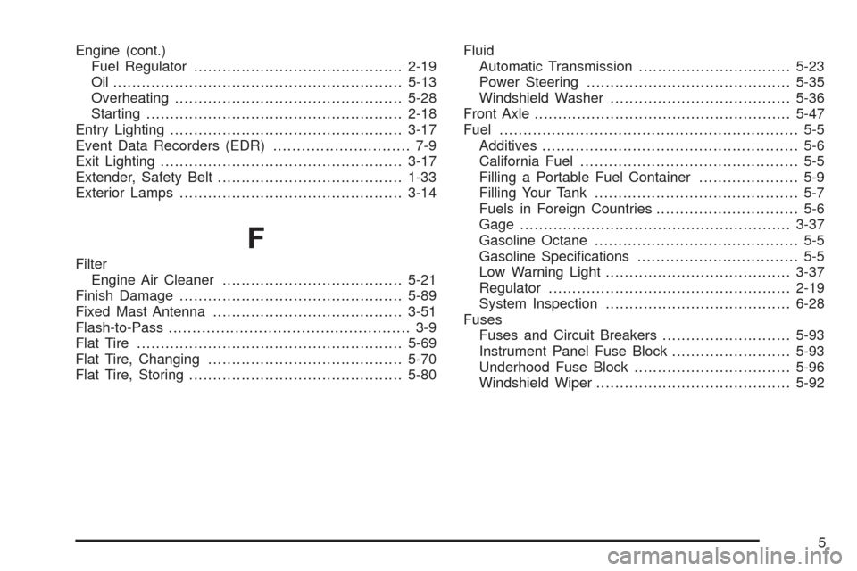 CHEVROLET ASTRO CARGO VAN 2005 2.G User Guide Engine (cont.)
Fuel Regulator............................................2-19
Oil .............................................................5-13
Overheating.........................................