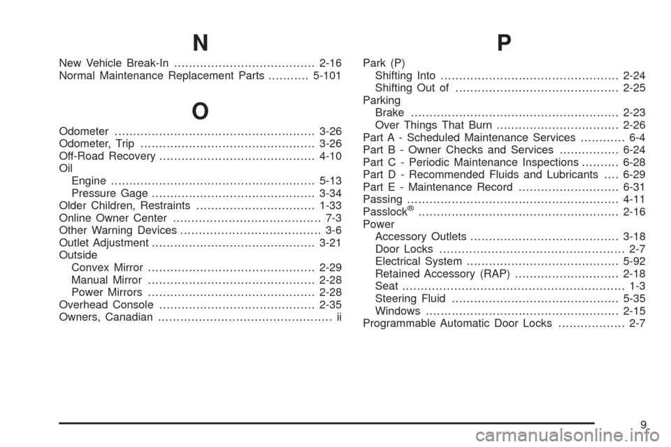 CHEVROLET ASTRO CARGO VAN 2005 2.G User Guide N
New Vehicle Break-In......................................2-16
Normal Maintenance Replacement Parts...........5-101
O
Odometer......................................................3-26
Odometer, Tri