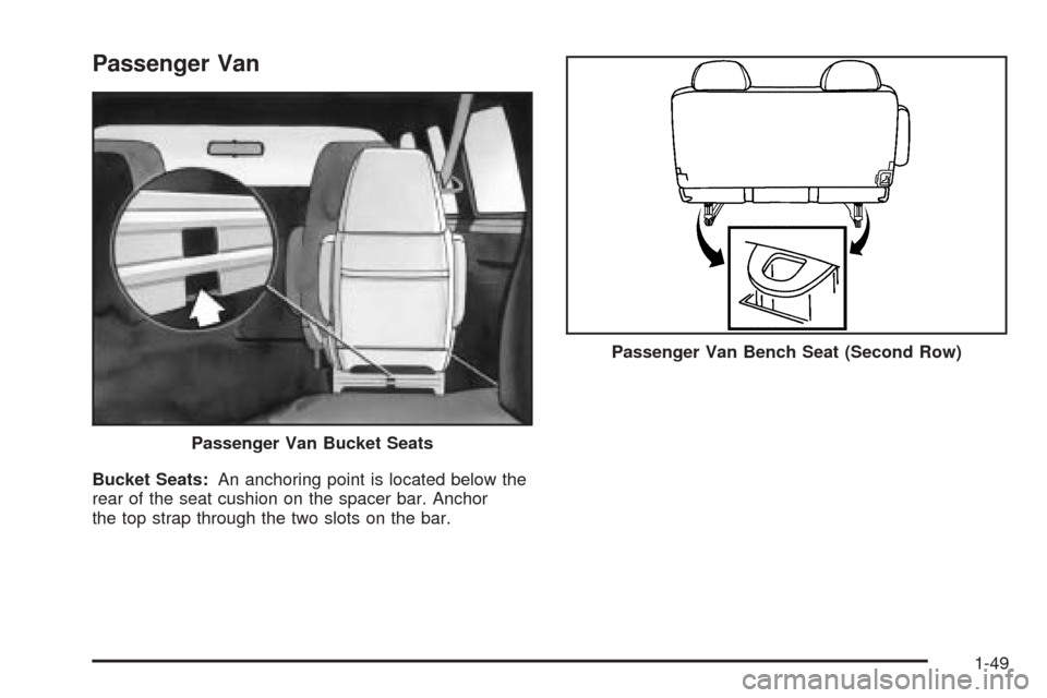 CHEVROLET ASTRO CARGO VAN 2005 2.G Workshop Manual Passenger Van
Bucket Seats:An anchoring point is located below the
rear of the seat cushion on the spacer bar. Anchor
the top strap through the two slots on the bar.Passenger Van Bucket Seats
Passenge