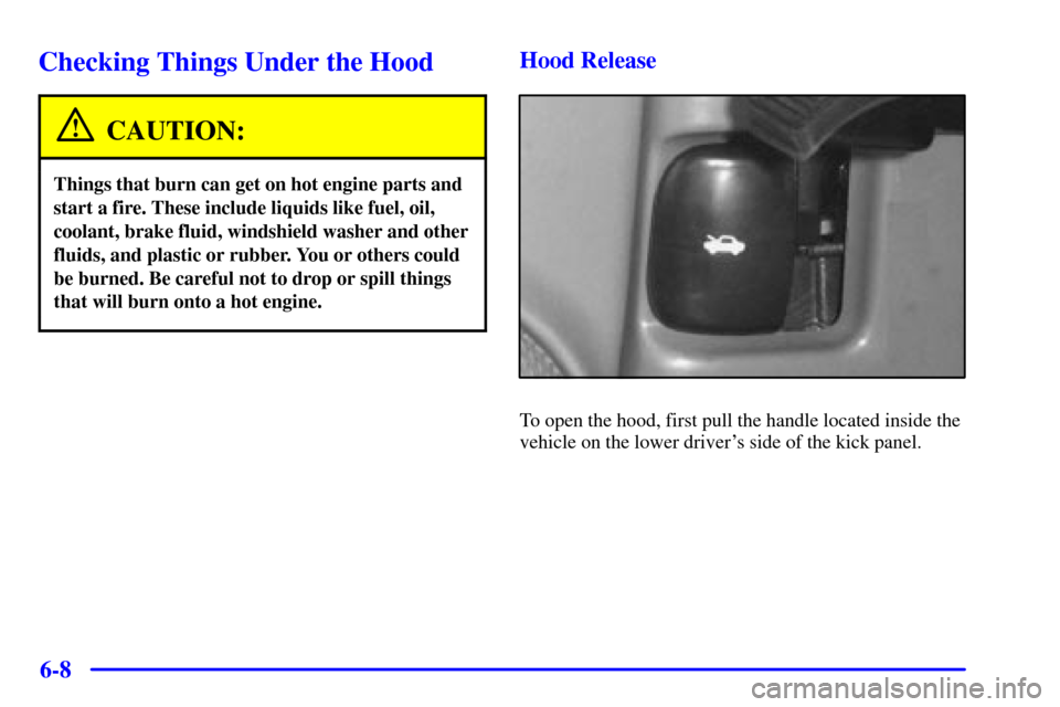 CHEVROLET ASTRO CARGO VAN 2000 2.G User Guide 6-8
Checking Things Under the Hood
CAUTION:
Things that burn can get on hot engine parts and
start a fire. These include liquids like fuel, oil,
coolant, brake fluid, windshield washer and other
fluid