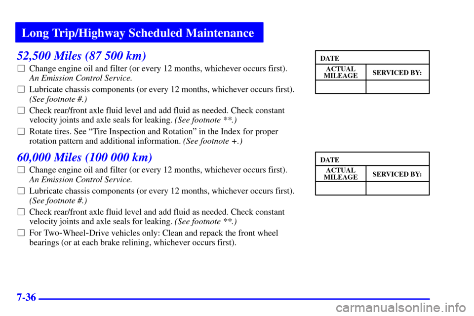 CHEVROLET ASTRO CARGO VAN 2000 2.G Repair Manual Long Trip/Highway Scheduled Maintenance
7-36
52,500 Miles (87 500 km)
Change engine oil and filter (or every 12 months, whichever occurs first). 
An Emission Control Service. 
Lubricate chassis comp