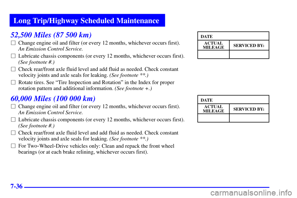 CHEVROLET ASTRO CARGO VAN 2000 2.G Owners Manual Long Trip/Highway Scheduled Maintenance
7-36
52,500 Miles (87 500 km)
Change engine oil and filter (or every 12 months, whichever occurs first). 
An Emission Control Service. 
Lubricate chassis comp