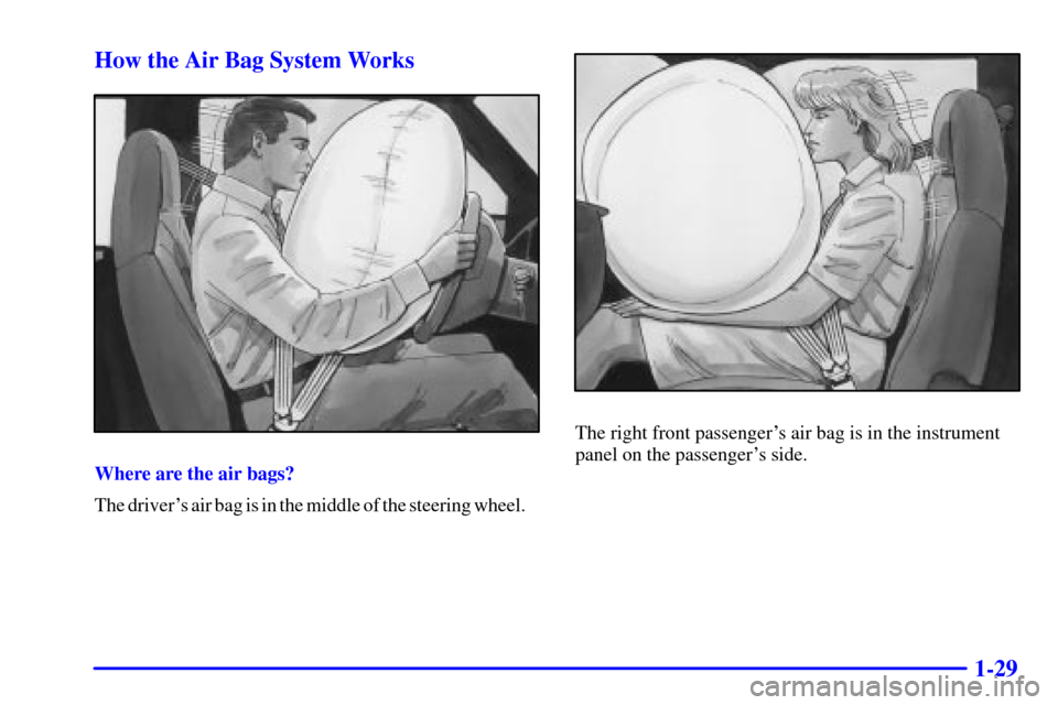 CHEVROLET ASTRO CARGO VAN 2000 2.G Service Manual 1-29 How the Air Bag System Works
Where are the air bags?
The drivers air bag is in the middle of the steering wheel.
The right front passengers air bag is in the instrument
panel on the passengers