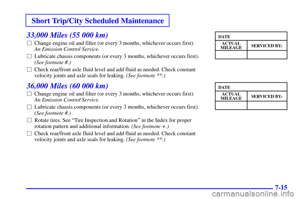 CHEVROLET ASTRO CARGO VAN 2001 2.G User Guide Short Trip/City Scheduled Maintenance
7-15
33,000 Miles (55 000 km)
Change engine oil and filter (or every 3 months, whichever occurs first). 
An Emission Control Service. 
Lubricate chassis compone