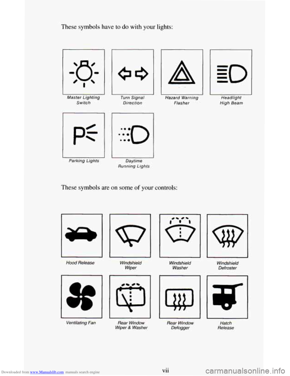 CHEVROLET ASTRO CARGO VAN 1995 2.G Owners Manual Downloaded from www.Manualslib.com manuals search engine These symbols have to do with your lights:
Master Lighting Switch
1 P=-
Parking Lights
I Turn Signal
Direction
I Daytime
Running Ligh CHEVROLET ASTRO CARGO VAN 1995 2.G Owners Manual Downloaded from www.Manualslib.com manuals search engine These symbols have to do with your lights:
Master Lighting Switch
1 P=-
Parking Lights
I Turn Signal
Direction
I Daytime
Running Ligh