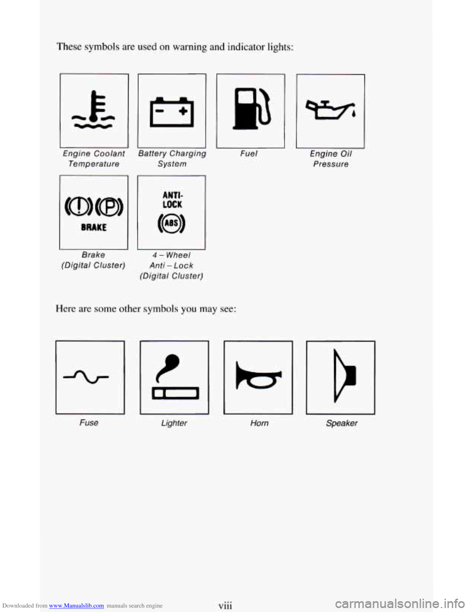 CHEVROLET ASTRO CARGO VAN 1995 2.G User Guide Downloaded from www.Manualslib.com manuals search engine These symbols are used on warning and  indicator lights: 
Engine  Coolant 
Temperature  System 
I I 
Fue 
I 
I II 
Brake 4 - Wheel 
(Digital  C