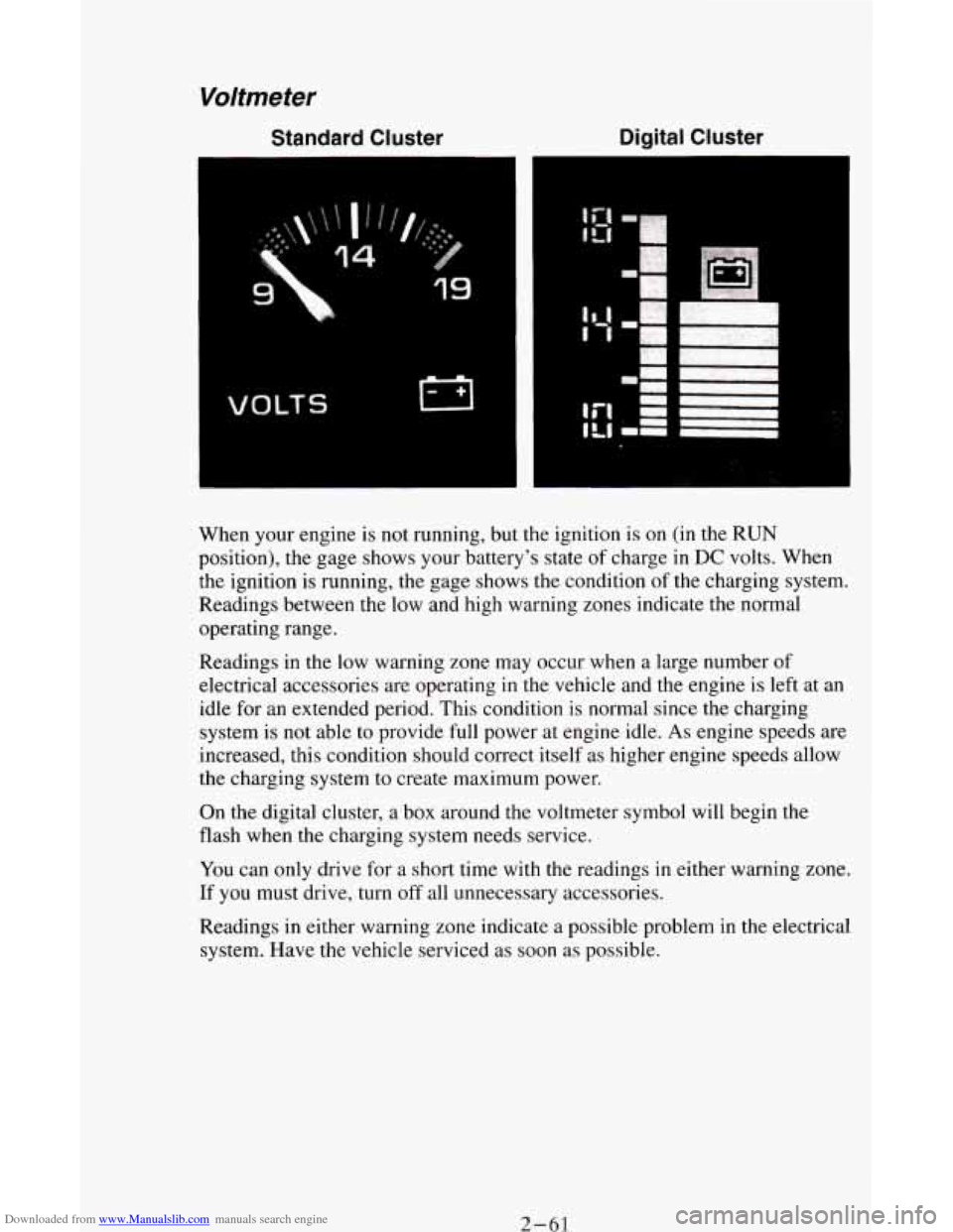 CHEVROLET ASTRO CARGO VAN 1995 2.G Owners Manual Downloaded from www.Manualslib.com manuals search engine Voltmeter 
Standard Cluster  Digital 
Cluster 
VOLTS 
When your engine  is  not running,  but the ignition  is on (in the RUN 
position),  the 