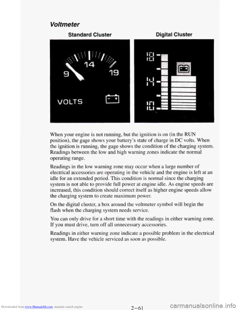 CHEVROLET ASTRO CARGO VAN 1995 2.G Owners Manual Downloaded from www.Manualslib.com manuals search engine Voltmeter
Standard Cluster Digital
Cluster
VOLTS
When your engine is not running, but the ignition is on (in the RUN
position), the CHEVROLET ASTRO CARGO VAN 1995 2.G Owners Manual Downloaded from www.Manualslib.com manuals search engine Voltmeter
Standard Cluster Digital
Cluster
VOLTS
When your engine is not running, but the ignition is on (in the RUN
position), the