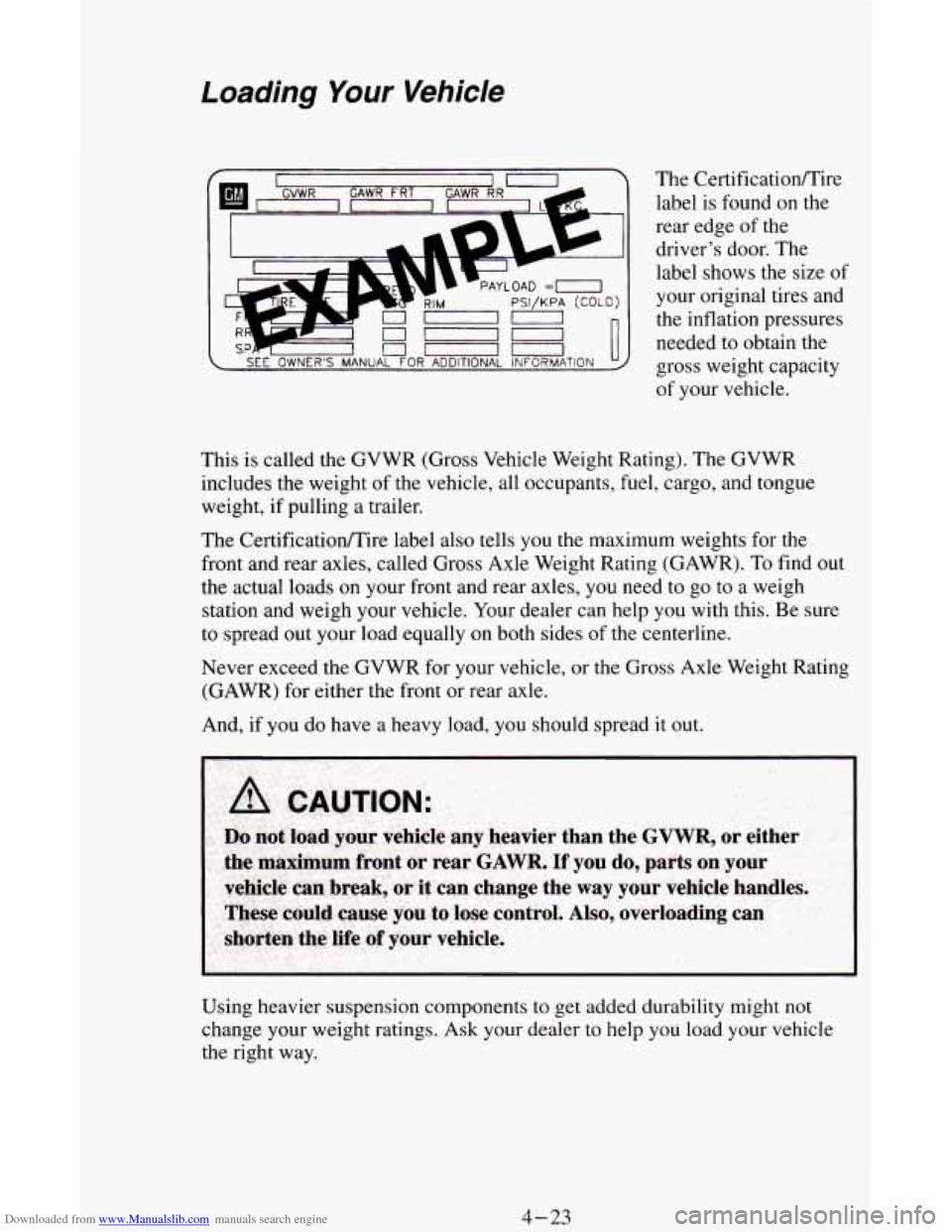 CHEVROLET ASTRO CARGO VAN 1995 2.G Owners Manual Downloaded from www.Manualslib.com manuals search engine Loading Your Vehicle 
PAYLOAD =-I 
PSI/KPA (COLD) 
-0 
-0 < SEE OWNERS  MANUAL FOR ADDITIONAL  INFORMATION 
The Certificatioflire 
label  is f