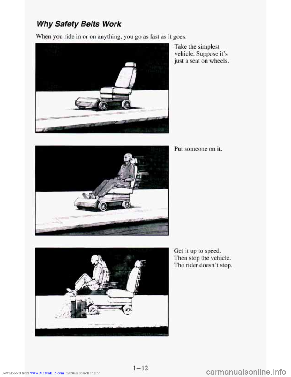 CHEVROLET ASTRO CARGO VAN 1995 2.G Owners Manual Downloaded from www.Manualslib.com manuals search engine Why Safefy Belts Work 
When you ride in or on anything, you go as fast as it goes. 
1 
Take the simplest 
vehicle. Suppose its 
just 
a seat o