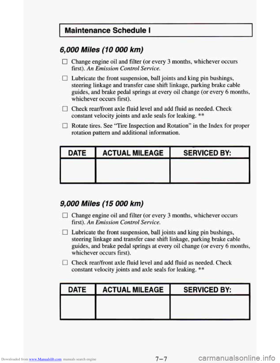 CHEVROLET ASTRO CARGO VAN 1995 2.G Owners Manual Downloaded from www.Manualslib.com manuals search engine I Maintenance  Schedule I I 
6,000 Miles (10 000 km) 
0 
0 
0 
0 
Change  engine  oil and filter  (or  every 3 months, whichever  occurs 
first