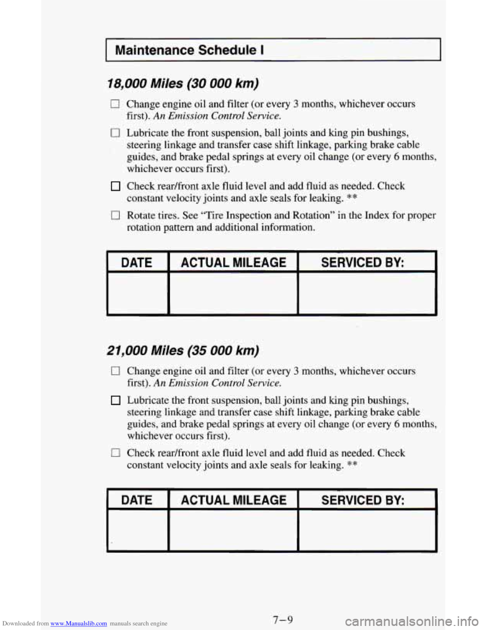 CHEVROLET ASTRO CARGO VAN 1995 2.G Owners Manual Downloaded from www.Manualslib.com manuals search engine I Maintenance  Schedule I I 
18,000 Miles (30 000 km) 
0 Change  engine oil and filter (or  every 3 months, whichever  occurs 
0 Lubricate the 