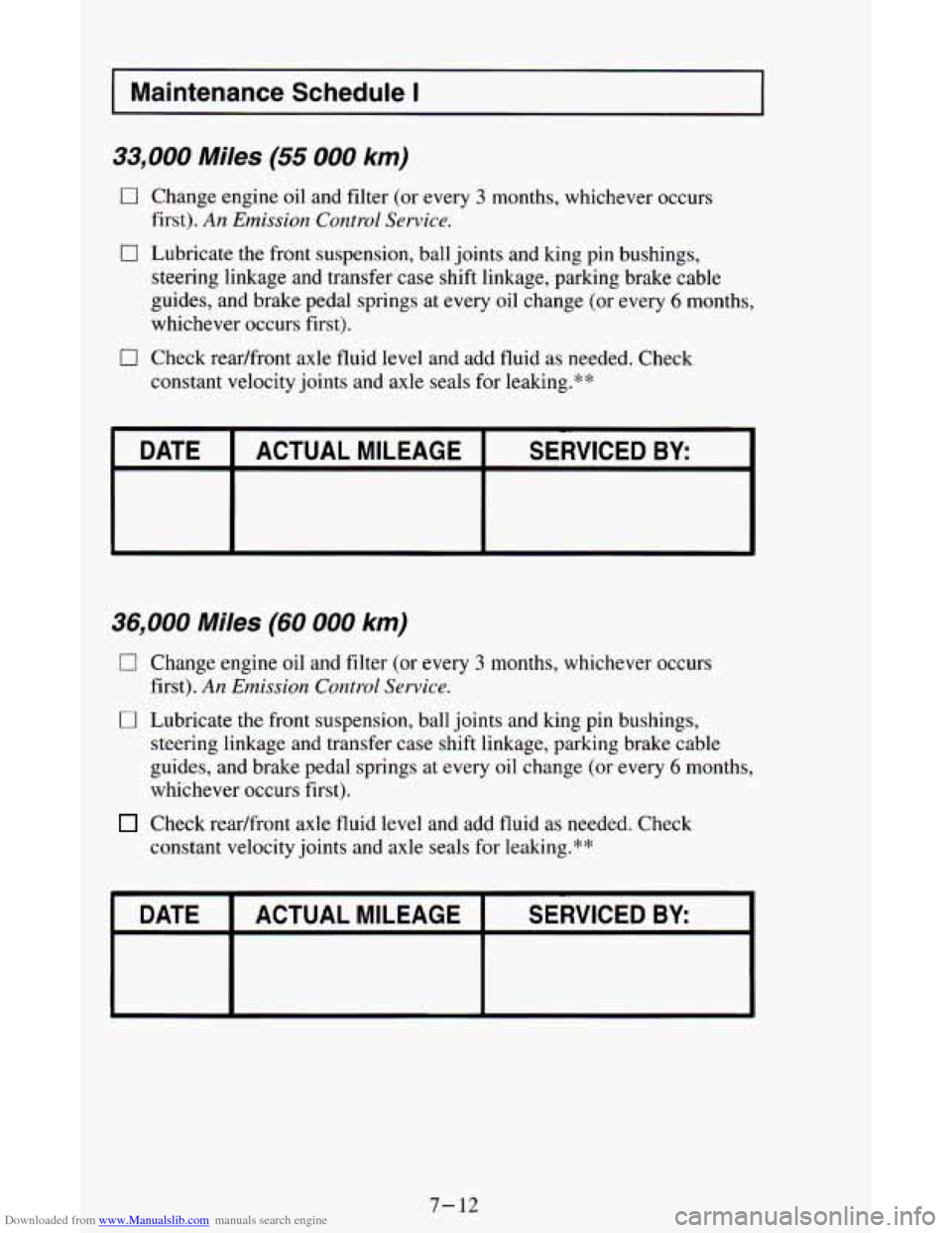 CHEVROLET ASTRO CARGO VAN 1995 2.G Owners Manual Downloaded from www.Manualslib.com manuals search engine Maintenance  Schedule I 
33,000 Miles (55 000 km) 
0 Change  engine oil and filter  (or  every 3 months, whichever  occurs 
first). 
An Emissio