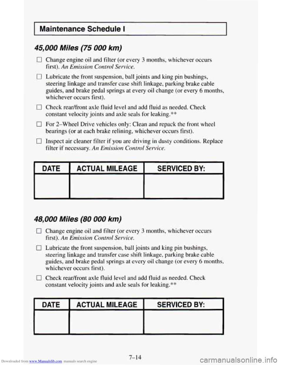 CHEVROLET ASTRO CARGO VAN 1995 2.G Owners Manual Downloaded from www.Manualslib.com manuals search engine I Maintenance  Schedule I I 
45,000 Miles (75 000 km) 
0 Change engine oil and  filter  (or  every 3 months. whichever  occurs 
0 Lubricate the