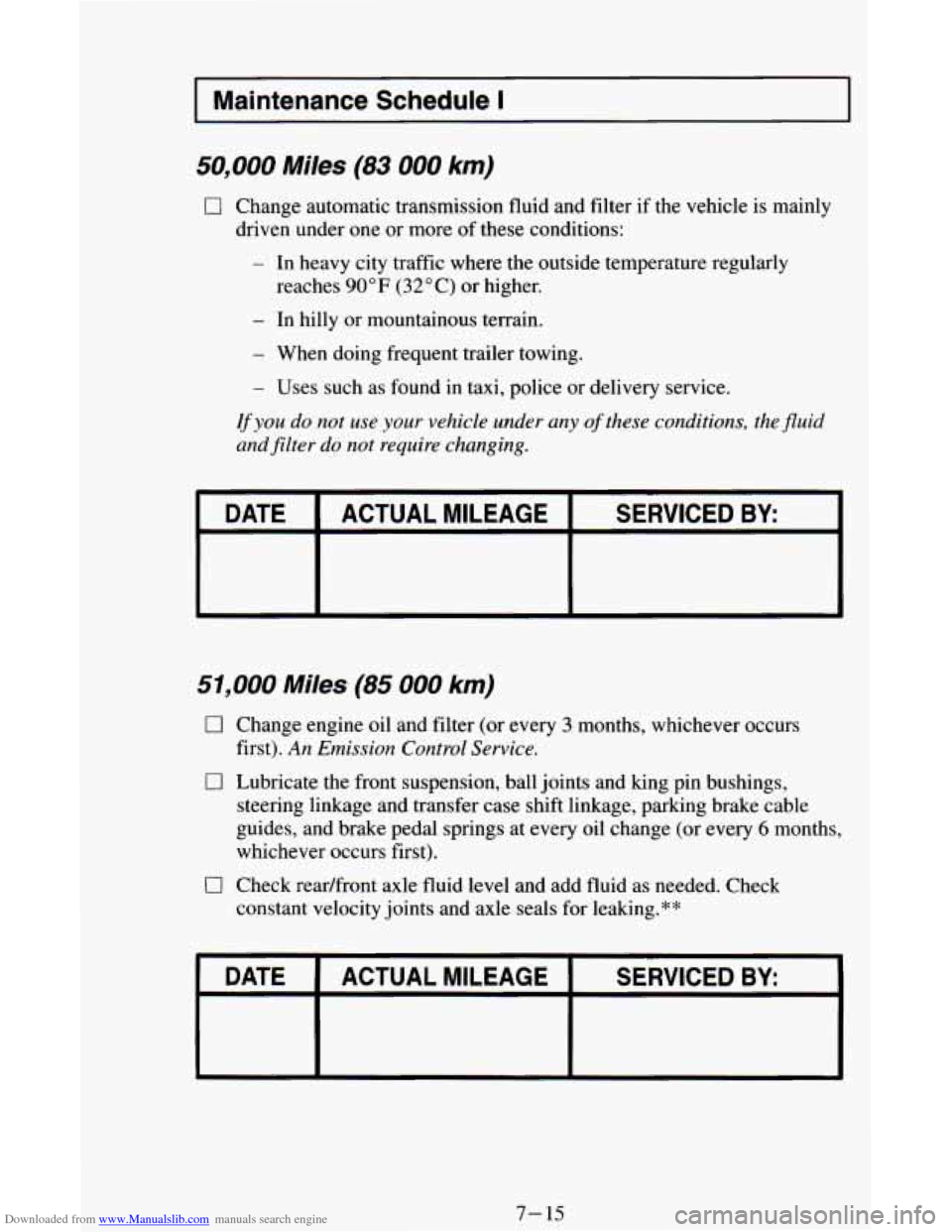 CHEVROLET ASTRO CARGO VAN 1995 2.G Owners Manual Downloaded from www.Manualslib.com manuals search engine I Maintenance Schedule I I
50,000 Miles (83 000 km)
0 Change automatic transmission fluid and filter if the vehicle is mainly
driven u CHEVROLET ASTRO CARGO VAN 1995 2.G Owners Manual Downloaded from www.Manualslib.com manuals search engine I Maintenance Schedule I I
50,000 Miles (83 000 km)
0 Change automatic transmission fluid and filter if the vehicle is mainly
driven u