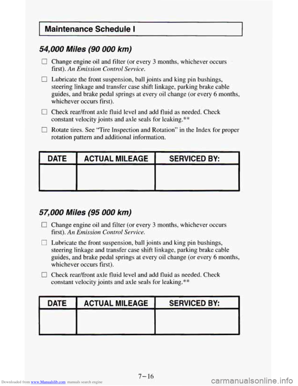 CHEVROLET ASTRO CARGO VAN 1995 2.G Owners Manual Downloaded from www.Manualslib.com manuals search engine I Maintenance Schedule I I
54,000 Miles (90 000 km)
0 Change engine oil and filter (or every 3 months, whichever occurs
first).
An Emiss CHEVROLET ASTRO CARGO VAN 1995 2.G Owners Manual Downloaded from www.Manualslib.com manuals search engine I Maintenance Schedule I I
54,000 Miles (90 000 km)
0 Change engine oil and filter (or every 3 months, whichever occurs
first).
An Emiss