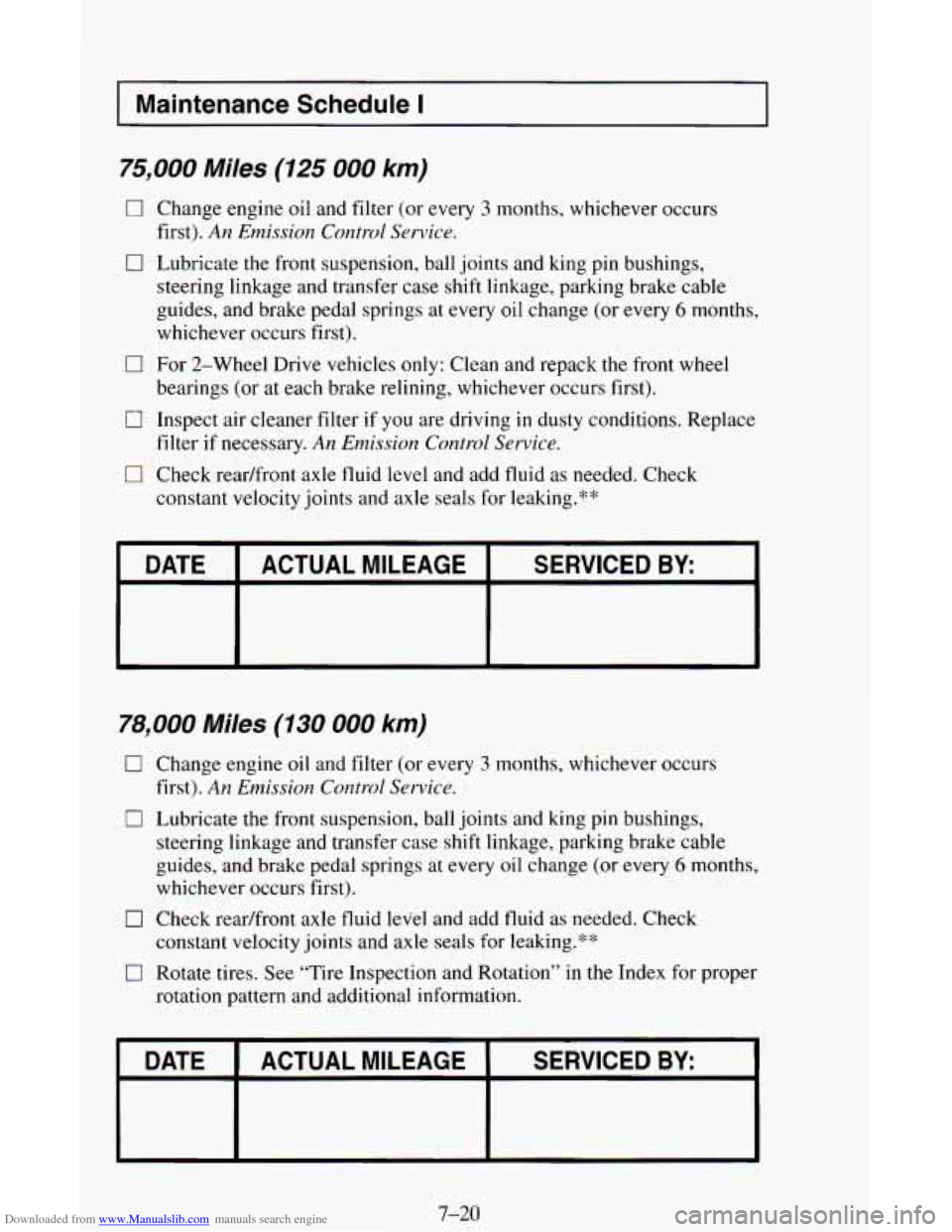 CHEVROLET ASTRO CARGO VAN 1995 2.G Owners Manual Downloaded from www.Manualslib.com manuals search engine I Maintenance Schedule I I
75,000 Miles (125 000 km)
0 Change engine oil and filter (or every 3 months, whichever occurs
first).
An Emi CHEVROLET ASTRO CARGO VAN 1995 2.G Owners Manual Downloaded from www.Manualslib.com manuals search engine I Maintenance Schedule I I
75,000 Miles (125 000 km)
0 Change engine oil and filter (or every 3 months, whichever occurs
first).
An Emi