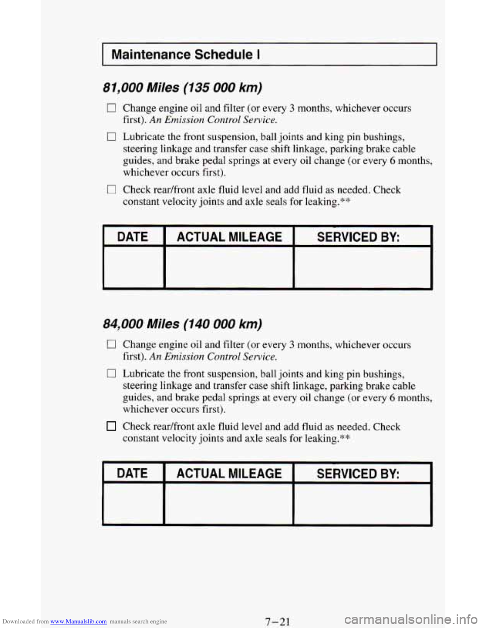 CHEVROLET ASTRO CARGO VAN 1995 2.G Owners Manual Downloaded from www.Manualslib.com manuals search engine I Maintenance Schedule I I
81,000 Miles (135 000 km)
0 Chifig iifigine oil and filter (or every 3 months, whichever occurs
0 Lubricate CHEVROLET ASTRO CARGO VAN 1995 2.G Owners Manual Downloaded from www.Manualslib.com manuals search engine I Maintenance Schedule I I
81,000 Miles (135 000 km)
0 Chifig iifigine oil and filter (or every 3 months, whichever occurs
0 Lubricate