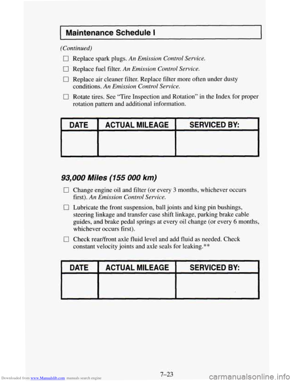 CHEVROLET ASTRO CARGO VAN 1995 2.G Owners Manual Downloaded from www.Manualslib.com manuals search engine Maintenance  Schedule I 
(Continued) 
0 Replace  spark  plugs. An Emission Control Service. 
0 Replace  fuel  filter. An Emission Control Servi