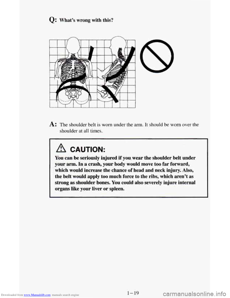 CHEVROLET ASTRO CARGO VAN 1995 2.G Owners Guide Downloaded from www.Manualslib.com manuals search engine Q: Whats wrong  with  this? 
A: The  shoulder  belt is worn under  the arm. It  should be worn  over the 
shoulder  at  all times. 
A CAUTION: