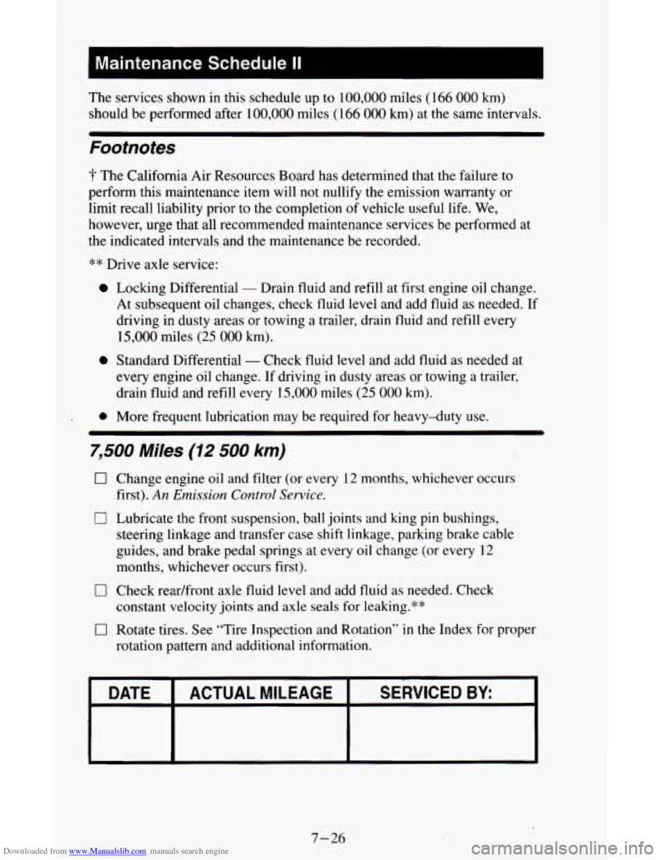 CHEVROLET ASTRO CARGO VAN 1995 2.G Owners Manual Downloaded from www.Manualslib.com manuals search engine Maintenance Schedule II
The services shown in this schedule up to 100,000 miles (166 000 km)
should be performed after
100,000 miles CHEVROLET ASTRO CARGO VAN 1995 2.G Owners Manual Downloaded from www.Manualslib.com manuals search engine Maintenance Schedule II
The services shown in this schedule up to 100,000 miles (166 000 km)
should be performed after
100,000 miles