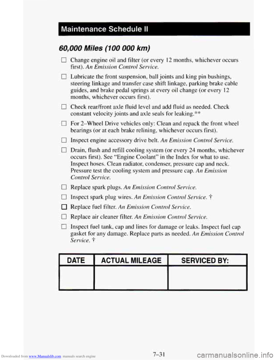 CHEVROLET ASTRO CARGO VAN 1995 2.G Owners Manual Downloaded from www.Manualslib.com manuals search engine I Maintenance Schedule II I
60,000 Miles (100 000 km)
cl
0
0
0
0
0
Change engine oil and filter (or every I2 months, whichever occu CHEVROLET ASTRO CARGO VAN 1995 2.G Owners Manual Downloaded from www.Manualslib.com manuals search engine I Maintenance Schedule II I
60,000 Miles (100 000 km)
cl
0
0
0
0
0
Change engine oil and filter (or every I2 months, whichever occu