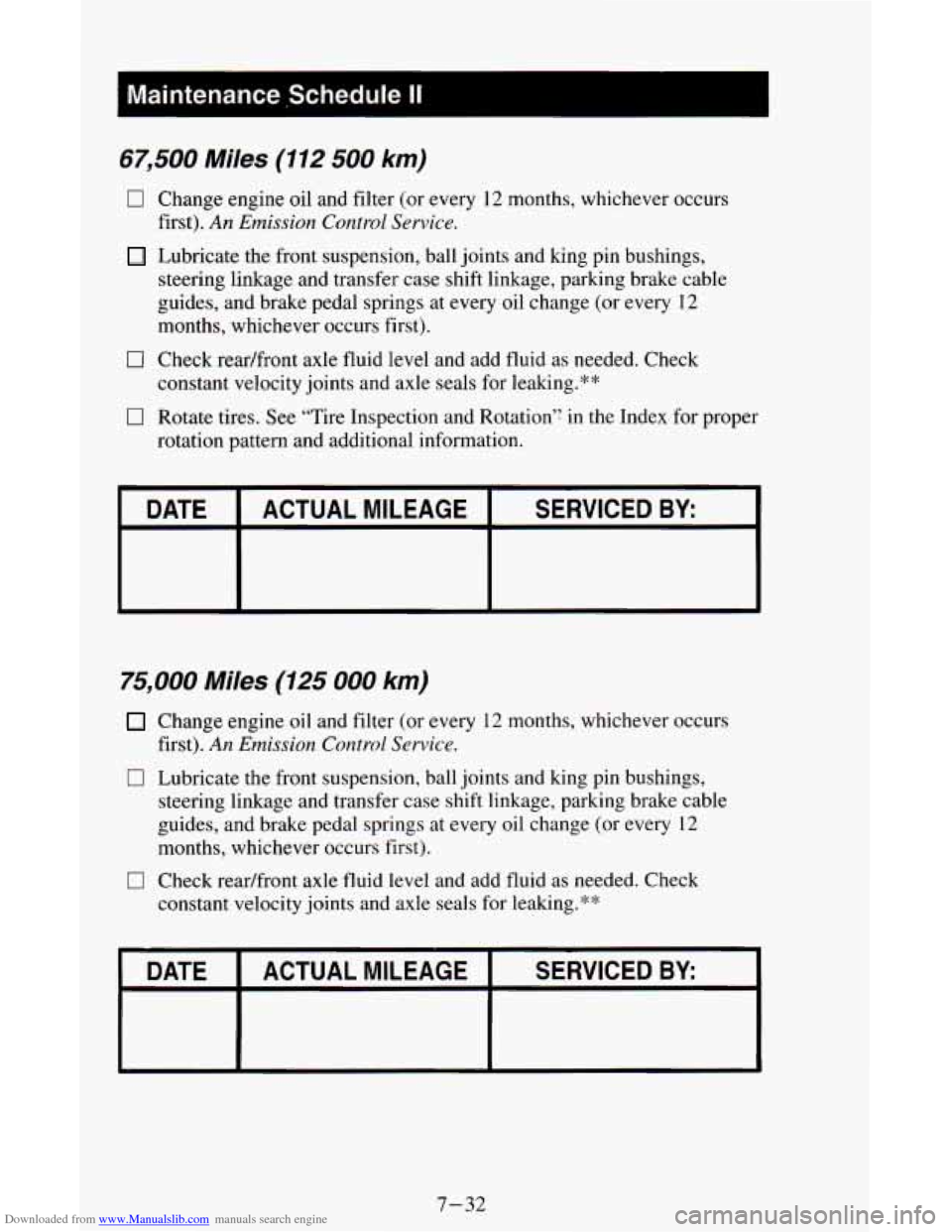 CHEVROLET ASTRO CARGO VAN 1995 2.G Owners Manual Downloaded from www.Manualslib.com manuals search engine Maintenance nSchedule II I
67,500 Miles (112 500 km)
0
0
0
Change engine oil and filter (or every 12 months, whichever occurs
first CHEVROLET ASTRO CARGO VAN 1995 2.G Owners Manual Downloaded from www.Manualslib.com manuals search engine Maintenance nSchedule II I
67,500 Miles (112 500 km)
0
0
0
Change engine oil and filter (or every 12 months, whichever occurs
first