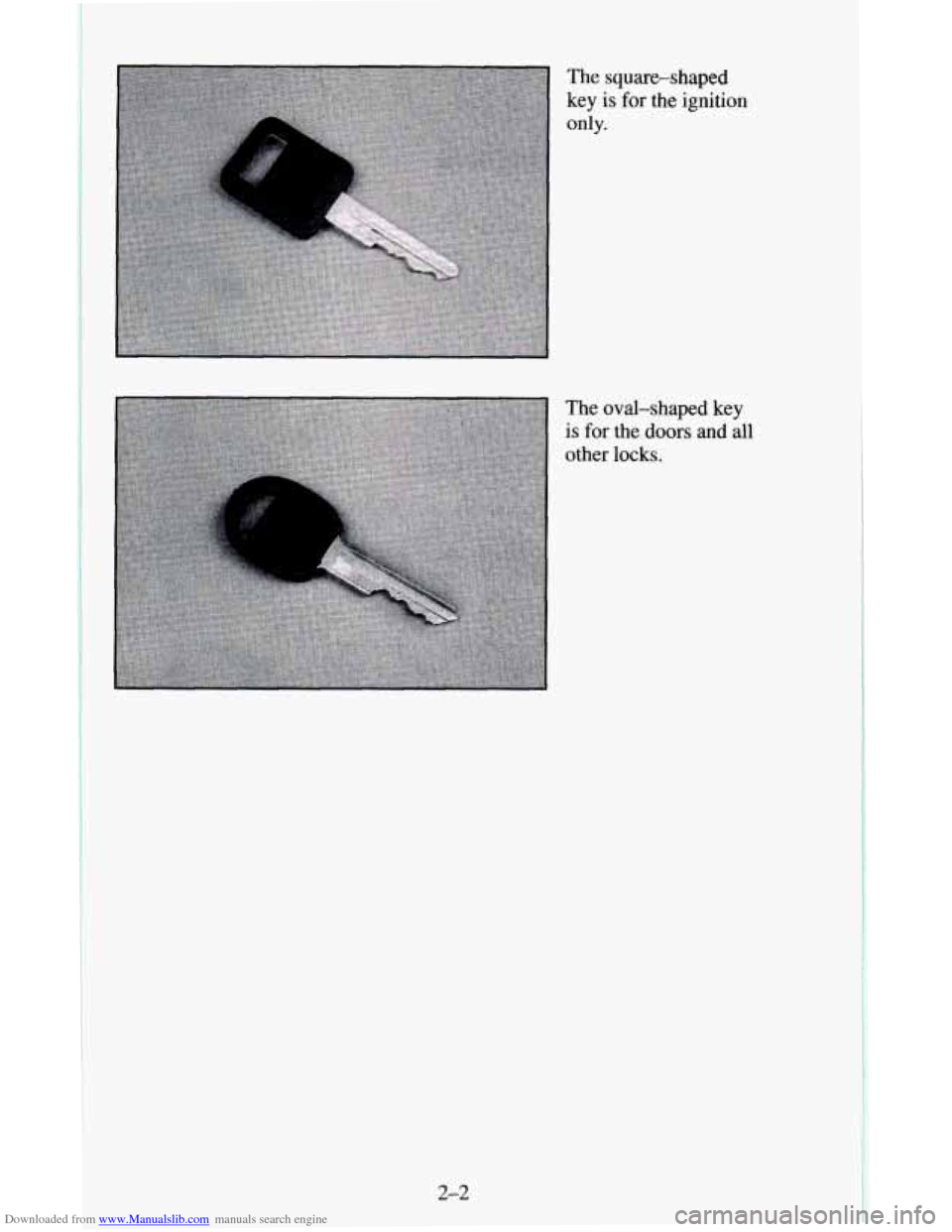 CHEVROLET ASTRO CARGO VAN 1995 2.G Owners Manual Downloaded from www.Manualslib.com manuals search engine The square-shaped 
key  is 
for the  ignitic 
only. 
3n 
The  oval-shaped  key 
is  for  the  doors  and 
all 
other  locks. 
2-2   