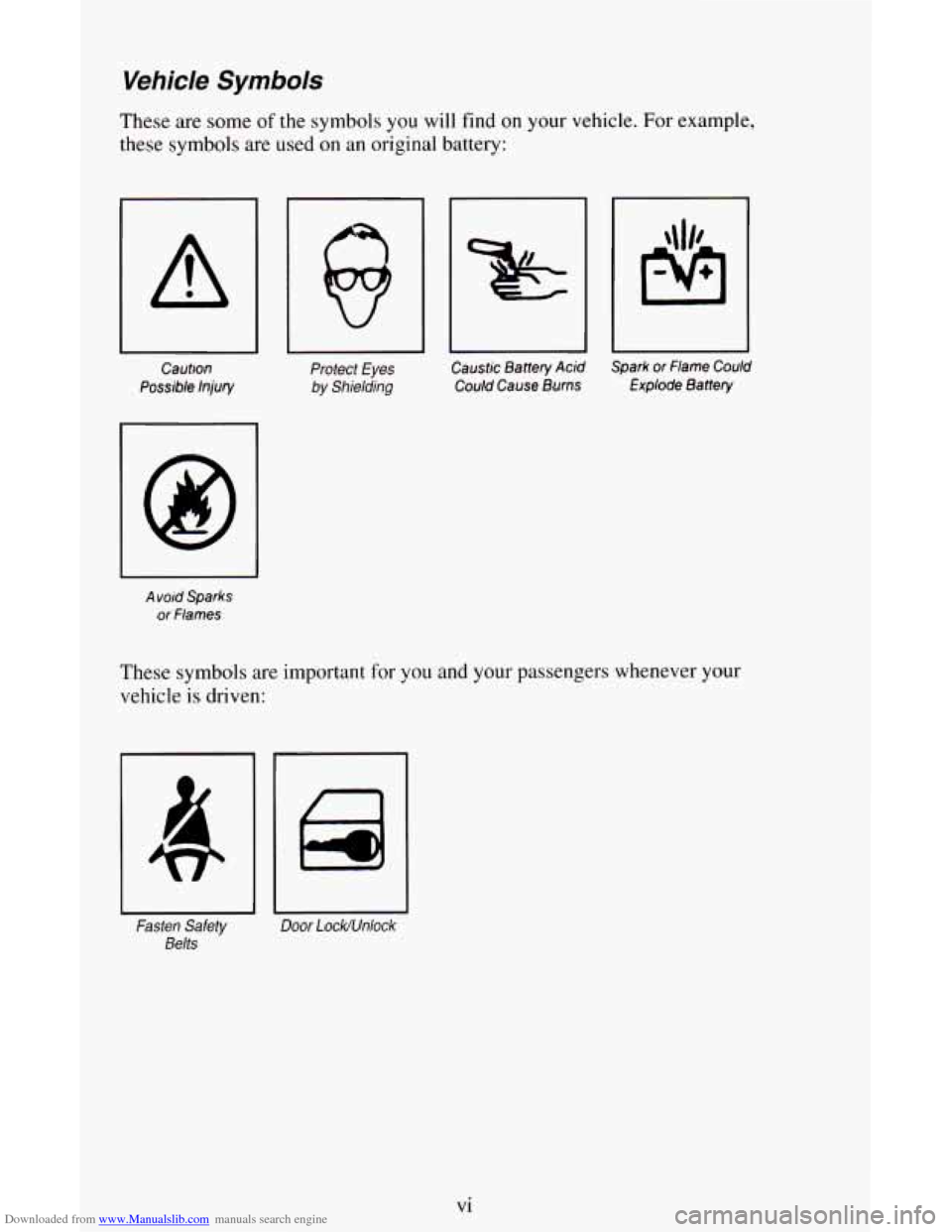 CHEVROLET ASTRO CARGO VAN 1995 2.G Owners Manual Downloaded from www.Manualslib.com manuals search engine Vehicle Symbols
These are some of the symbols you will find on your vehicle. For example,
these symbols are used
on an original battery: CHEVROLET ASTRO CARGO VAN 1995 2.G Owners Manual Downloaded from www.Manualslib.com manuals search engine Vehicle Symbols
These are some of the symbols you will find on your vehicle. For example,
these symbols are used
on an original battery: