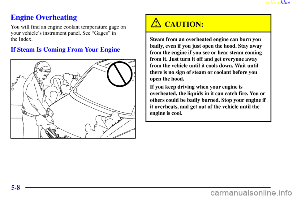 CHEVROLET ASTRO PASSENGER 1999 2.G Owners Manual yellowblue     
5-8
Engine Overheating
You will find an engine coolant temperature gage on
your vehicles instrument panel. See ªGagesº in 
the Index.
If Steam Is Coming From Your Engine
CAUTION:
St