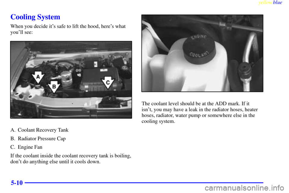 CHEVROLET ASTRO PASSENGER 1999 2.G Owners Manual yellowblue     
5-10
Cooling System
When you decide its safe to lift the hood, heres what
youll see:
A. Coolant Recovery Tank
B. Radiator Pressure Cap
C. Engine Fan
If the coolant inside the coolan