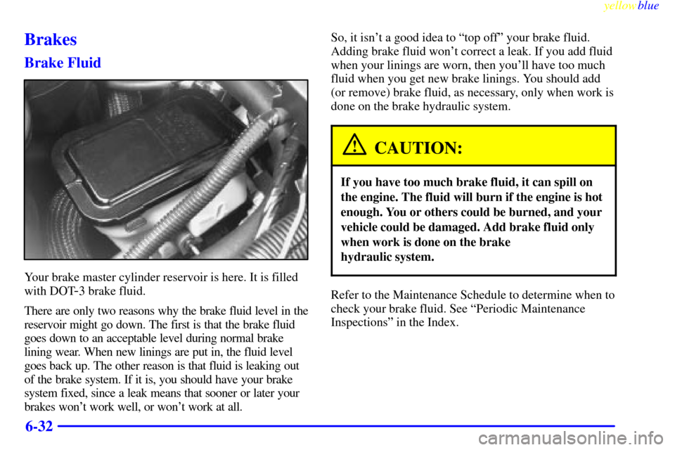 CHEVROLET ASTRO PASSENGER 1999 2.G Owners Manual yellowblue     
6-32
Brakes
Brake Fluid
Your brake master cylinder reservoir is here. It is filled
with DOT
-3 brake fluid.
There are only two reasons why the brake fluid level in the
reservoir might 