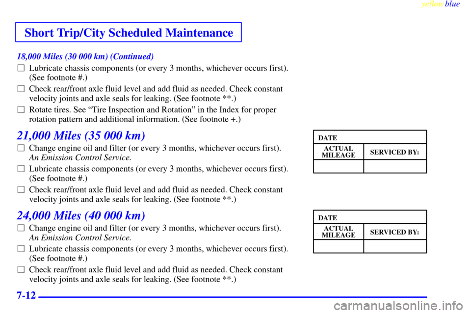 CHEVROLET ASTRO PASSENGER 1999 2.G Owners Manual Short Trip/City Scheduled Maintenance
yellowblue     
7-12
18,000 Miles (30 000 km) (Continued)
Lubricate chassis components (or every 3 months, whichever occurs first).
(See footnote #.)
Check rear