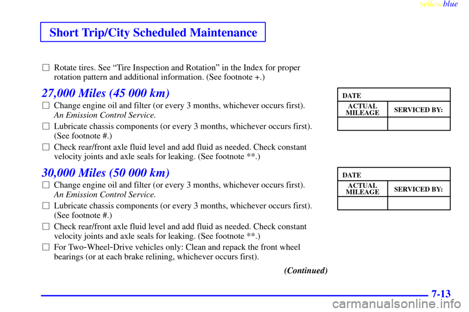 CHEVROLET ASTRO PASSENGER 1999 2.G User Guide Short Trip/City Scheduled Maintenance
yellowblue     
7-13
Rotate tires. See ªTire Inspection and Rotationº in the Index for proper
rotation pattern and additional information. (See footnote +.)
27