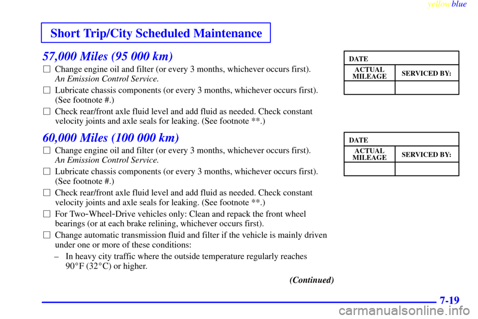 CHEVROLET ASTRO PASSENGER 1999 2.G User Guide Short Trip/City Scheduled Maintenance
yellowblue     
7-19
57,000 Miles (95 000 km)
Change engine oil and filter (or every 3 months, whichever occurs first).
An Emission Control Service. 
Lubricate 