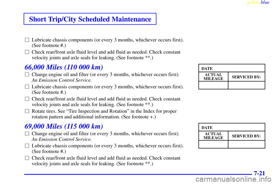 CHEVROLET ASTRO PASSENGER 1999 2.G Owners Manual Short Trip/City Scheduled Maintenance
yellowblue     
7-21
Lubricate chassis components (or every 3 months, whichever occurs first).
(See footnote #.)
Check rear/front axle fluid level and add fluid