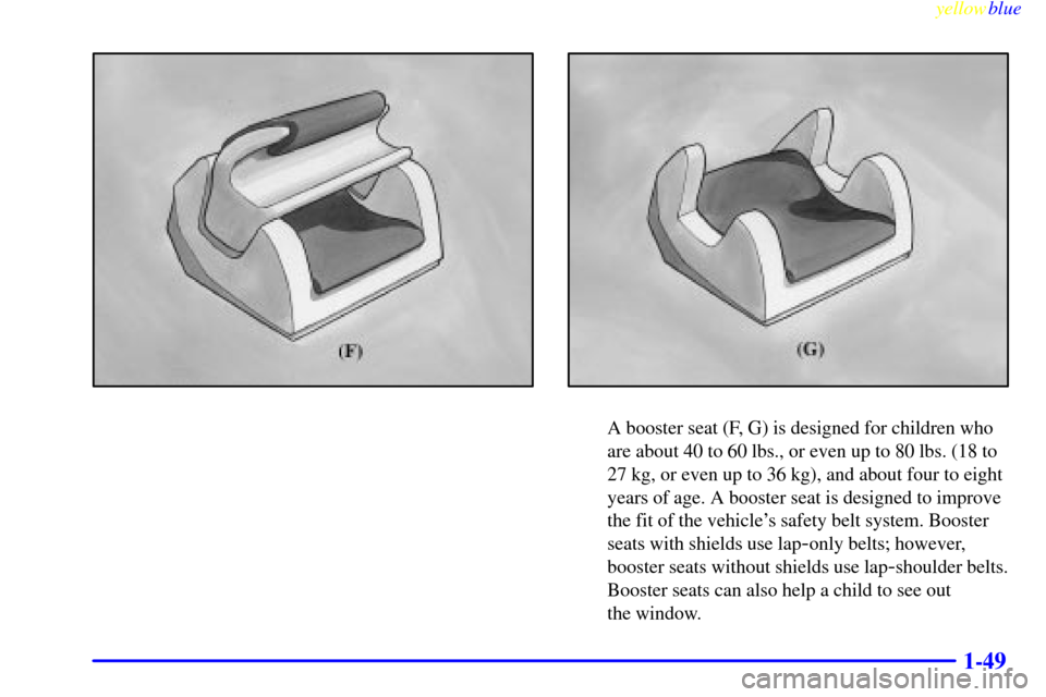 CHEVROLET ASTRO PASSENGER 1999 2.G Workshop Manual yellowblue     
1-49
A booster seat (F, G) is designed for children who
are about 40 to 60 lbs., or even up to 80 lbs. (18 to
27 kg, or even up to 36 kg), and about four to eight
years of age. A boost
