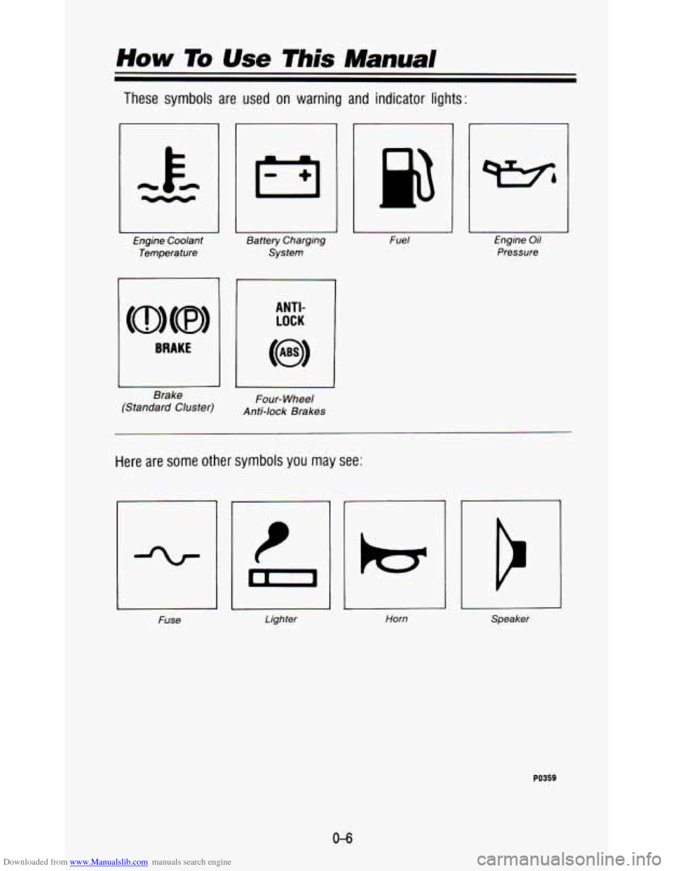 CHEVROLET ASTRO PASSENGER 1993 1.G Owners Manual Downloaded from www.Manualslib.com manuals search engine These symbols are  used  on warning and indicator  lights: 
Engine  Coolant 
Temperature 
BRAKE 
Brake 
(Standard  Cluster)  mrtery 
Charging 
