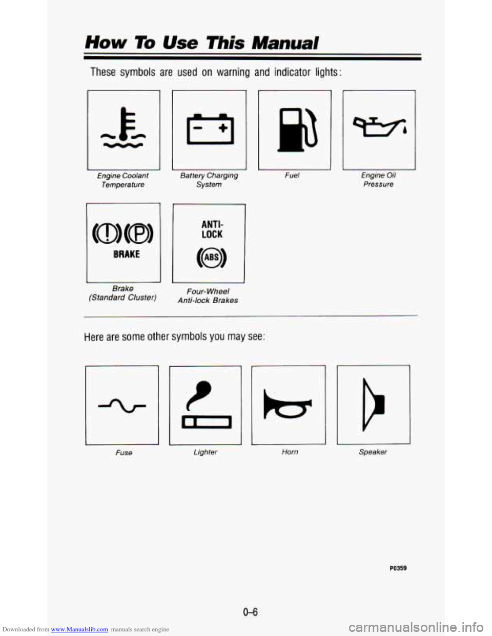 CHEVROLET ASTRO PASSENGER 1993 1.G User Guide Downloaded from www.Manualslib.com manuals search engine These symbols are used on warning and indicator lights:
Engine Coolant
Temperature
BRAKE
Brake
(Standard Cluster) mrtery
Charging
CHEVROLET ASTRO PASSENGER 1993 1.G User Guide Downloaded from www.Manualslib.com manuals search engine These symbols are used on warning and indicator lights:
Engine Coolant
Temperature
BRAKE
Brake
(Standard Cluster) mrtery
Charging
